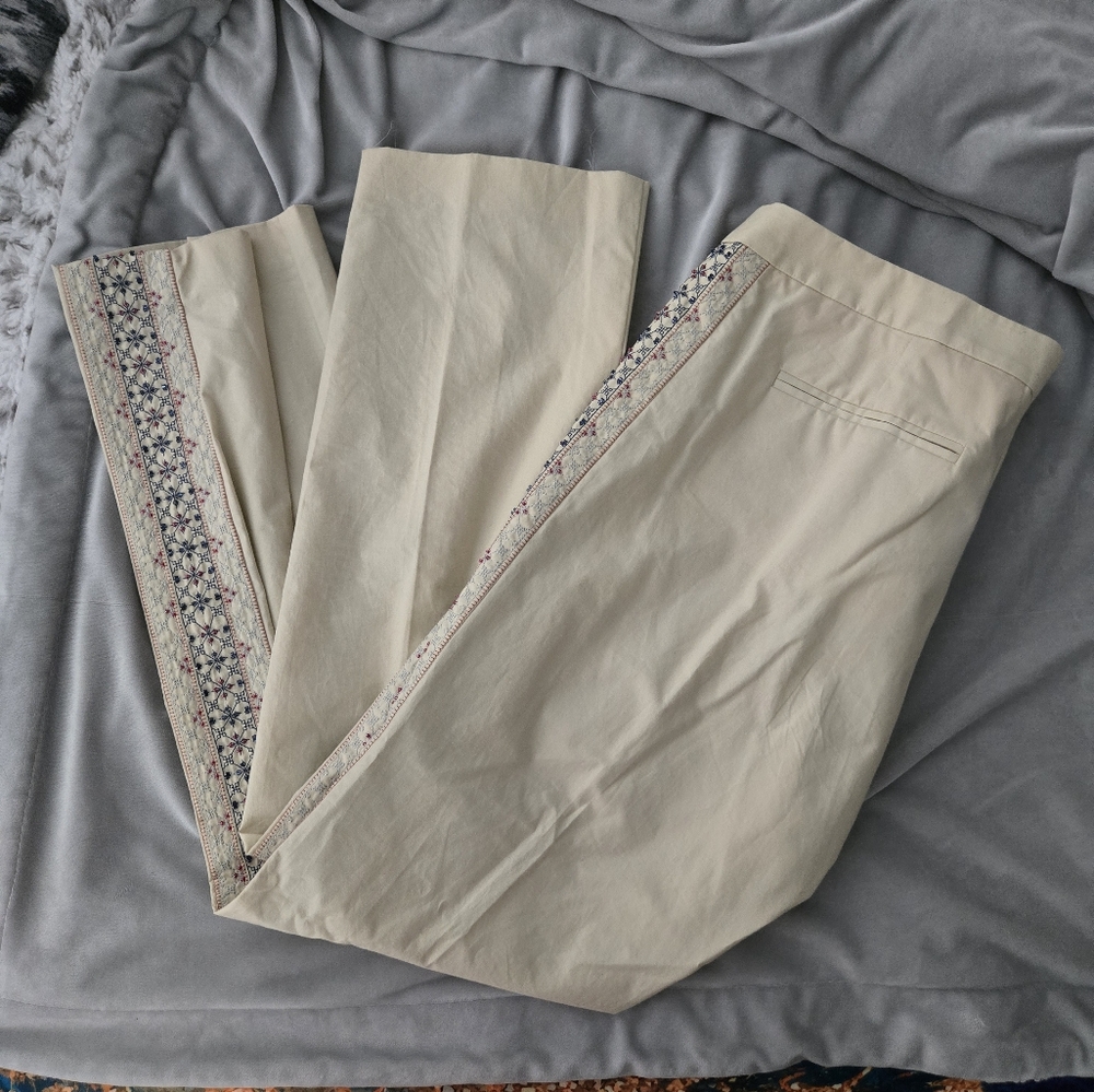 Womens Cream Pants with Patterned Trim